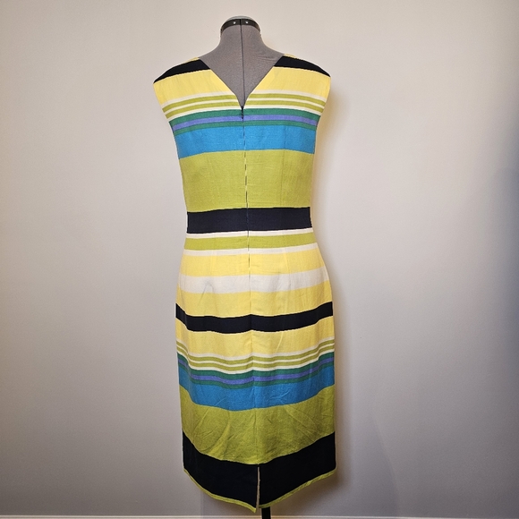 Custom handmade yellow green navy stripes linen sleeveless midi dress size 12 US - Picture 4 of 5